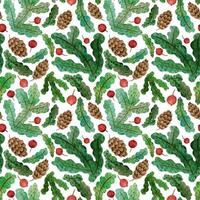 winter watercolor seamless pattern with pine branches, cones, acorns and red berries. hand drawn christmas wrapping paper. forest elements on white background vector