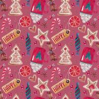 Seamless pattern background Christmas , new year, sweet spice biscuits cocoa candys on pink background vector