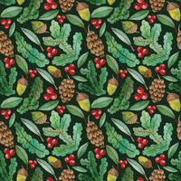 winter watercolor seamless pattern with pine branches, cones, acorns and red berries. hand drawn christmas wrapping paper. forest elements on black background vector