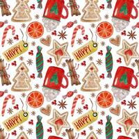 Watercolor seamless pattern with Christmas elements, gingerbread cookies, mug of cocoa and spices. Hand painted sweets, red berries, orange, anise and cinnamon sticks. Handdrawn winter holiday objects vector