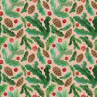 seamless pattern christmas new year fir branches red berries cones on a beige background vector
