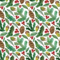 winter watercolor seamless pattern with pine branches, cones, acorns and red berries. hand drawn christmas wrapping paper. forest elements on white background vector