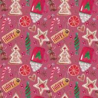 Seamless pattern background Christmas , new year, sweet spice biscuits cocoa candys green on pink background vector
