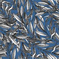 Texture with hand drawn black and white oliv branches and leaves in classic blue background . Ideal for printing on fabric or paper. floral ornament vector