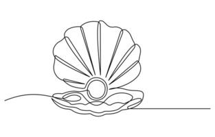 Continuous one line drawing of open oyster shell with pearl vector