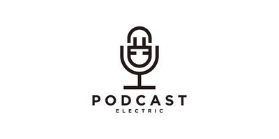 logo design combination of microphone and plug, electricity, charger, talk, podcast, logo design , symbol, icon, idea, creative. vector