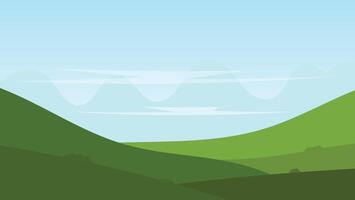 green field scene with mountain and blue sky. nature cartoon background vector