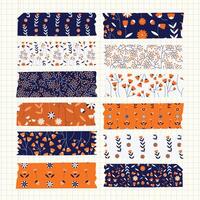 Washi tapes floral design coral abstract style with swatches seamless repeat patterns vector