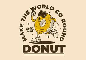 Donut, make the world go round. Retro mascot character of donut in running pose, light brown background vector