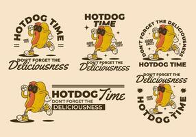 Hot Dog time, Don't forget the deliciousness. Vintage retro character of hot dog in running pose in 5 type vector