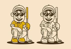 The golfer, waiting for perfect shot. Retro character of golfer man holding a golf stick in two type colors vector