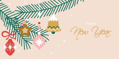 New Year greetings banner. Trendy modern design with Christmas tree Christmas balls and ornaments in gold, red, pink colors. Template for greeting card, invitation, web banner vector