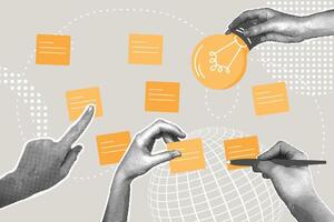 Fashionable halftone collage. Business discussion concept, business idea presentation, brainstorming, meeting and discussion, pitching an idea. Illustration for web banner, social media banner vector