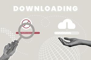 Trendy halftone collage. Concept of downloading data from cloud storage,download error,find the cause of download error,cloud storage,concept of processing data during download. Illustration for web vector