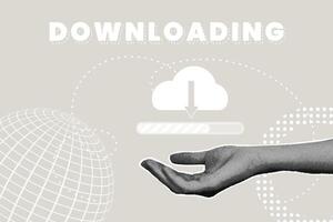 Trendy halftone collage. Concept of uploading data from cloud storage, documents, cloud storage, uploading data, concept of processing data while uploading. Illustration for web banner, social media vector