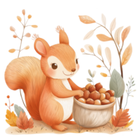 Watercolor clipart of squirrel collecting nuts in the fall on isolated background. For nursery decor and prints png