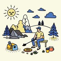 A man is sitting on a bench with a shovel and a cup of coffee vector