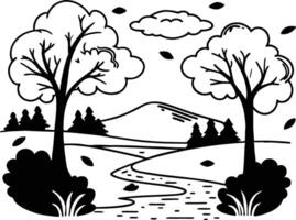 A black and white drawing of trees and a stream vector