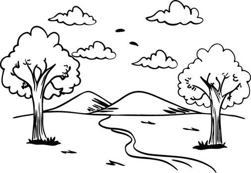 A black and white drawing of a field with trees and a path vector