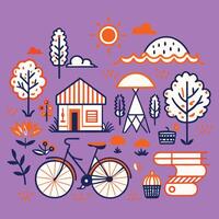 A bicycle and a house are surrounded by trees and other objects vector