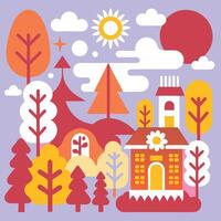 An illustration of a house surrounded by trees and other objects vector