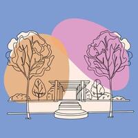 An illustration of a park with trees and a gazebo vector