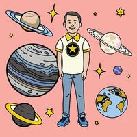 A man standing in front of planets and stars vector