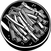 A black and white drawing of fries in a plate vector