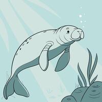 A cartoon manatee swimming in the ocean vector