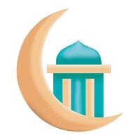 3D Crescent moon with mosque on white background vector