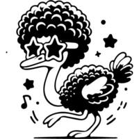 Emu in a curly wig and disco glasses dancing on dance floor in monochrome. Simple minimalistic image in black ink drawing on white background vector