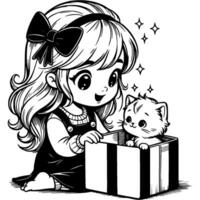 Girl takes out a kitten she was given as a gift from a box in monochrome. Simple minimalistic image in black ink drawing on transparent background vector
