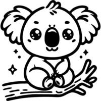 Cute baby koala sits on a branch and looks at photographer camera in monochrome. Simple minimalistic image in black ink drawing on white background vector