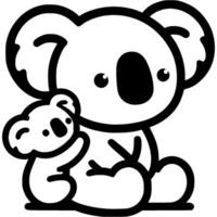 Family of mother and baby koala in monochrome. Simple minimalistic image in black ink drawing on white background vector