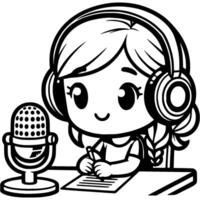 Girl radio DJ sits behind microphone in place of radio host in monochrome. Simple minimalistic image in black ink drawing on white background vector