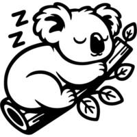 Lazy koala bear sleeping on a eucalyptus tree branch in monochrome. Simple minimalistic image in black ink drawing on white background vector