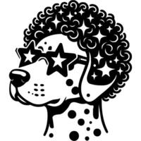 Portrait of a Dalmatian in a curly wig and Star Disc glasses in monochrome. Simple minimalistic image in black ink drawing on white background vector