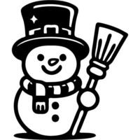Snowman wearing a top hat holding a broom in his hand in monochrome. Simple minimalistic image in black ink drawing on white background vector