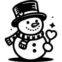 Snowman wearing top hat holding heart shaped lollipop candy in hand in monochrome. Simple minimalistic image in black ink drawing on white background vector