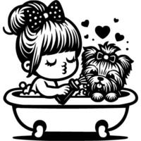 Girl child bathing in bathtub with her pet puppy Yorkshire terrier in monochrome. Simple minimalistic image in black ink drawing on white background vector