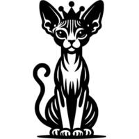 Proud Sphynx cat sits with a crown on her head in monochrome. Simple minimalistic image in black ink drawing on white background vector