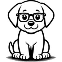 Dalmatian puppy sits and poses for camera wearing professor teacher glasses in monochrome. Simple minimalistic image in black ink drawing on white background vector