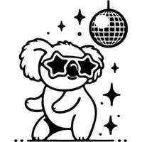 Cheerful baby koala in disco glasses dances on dance floor under a disco ball in monochrome. Simple minimalistic image in black ink drawing on white background vector