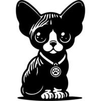Small black kitten of Sphinx breed, winner of show, with a medal on his neck in monochrome. Simple minimalistic image in black ink drawing on white background vector