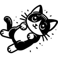 Playful kitten lies on its back with its paws up in monochrome. Simple minimalistic image in black ink drawing on transparent background vector