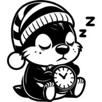 Groundhog hamster set alarm clock and is sleeping in monochrome. Simple minimalistic image in black ink drawing on white background vector