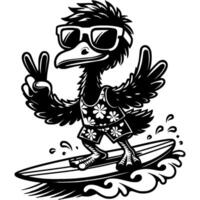 Carefree emu ostrich in Hawaiian clothes and sunglasses surfs on a surfboard in monochrome. Simple minimalistic image in black ink drawing on white background vector