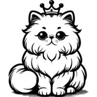 Fluffy Persian cat sits with a crown on her head in monochrome. Simple minimalistic image in black ink drawing on white background vector