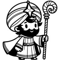 Arab sage with a staff in his hand ready to follow the guiding star in monochrome. Simple minimalistic image in black ink drawing on white background vector