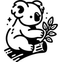 Plush Australian koala reaches juicy eucalyptus leaves in monochrome. Simple minimalistic image in black ink drawing on white background vector
